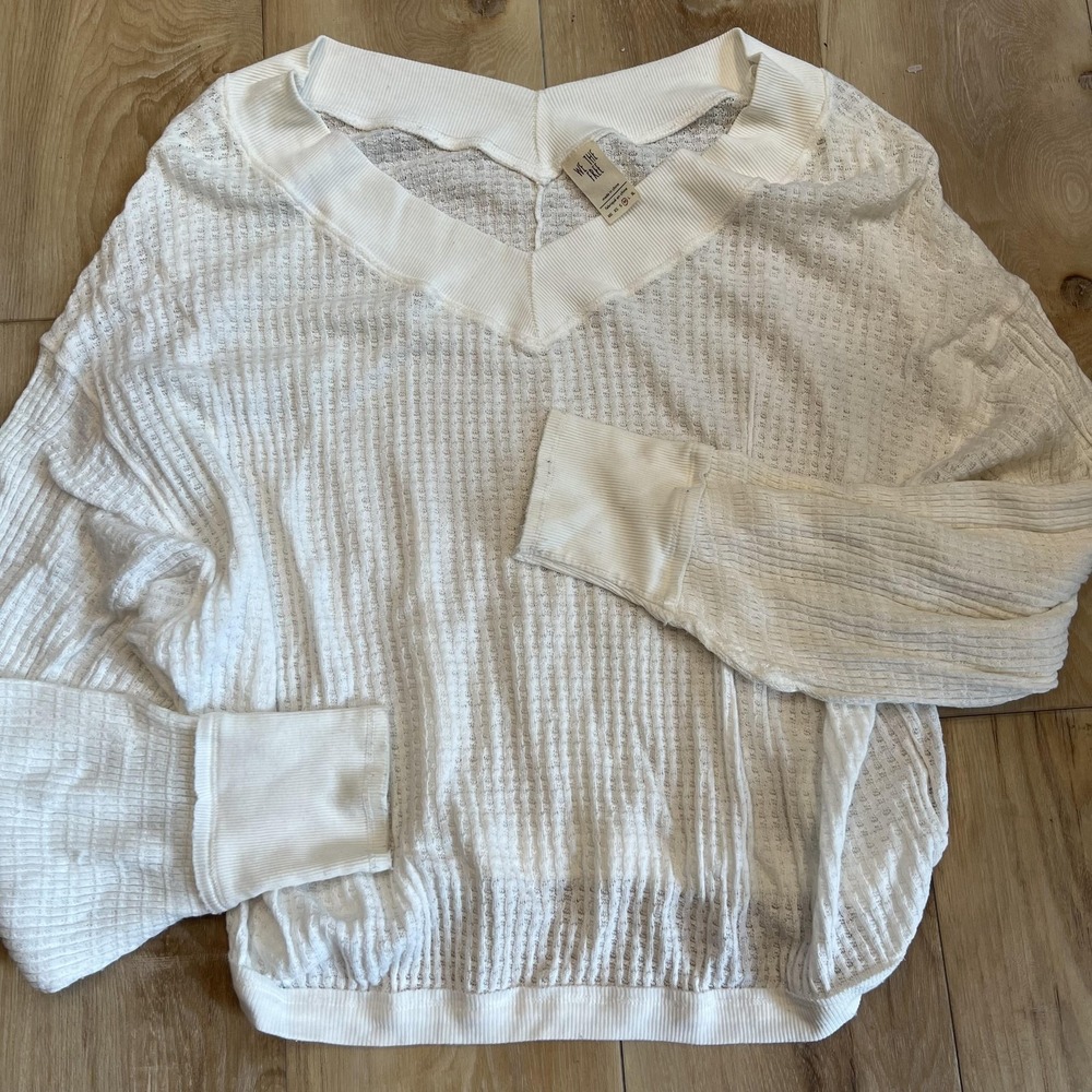 We The Free Sweater Womens Medium White Waffle Knit V Neck Sheer Thermal Top